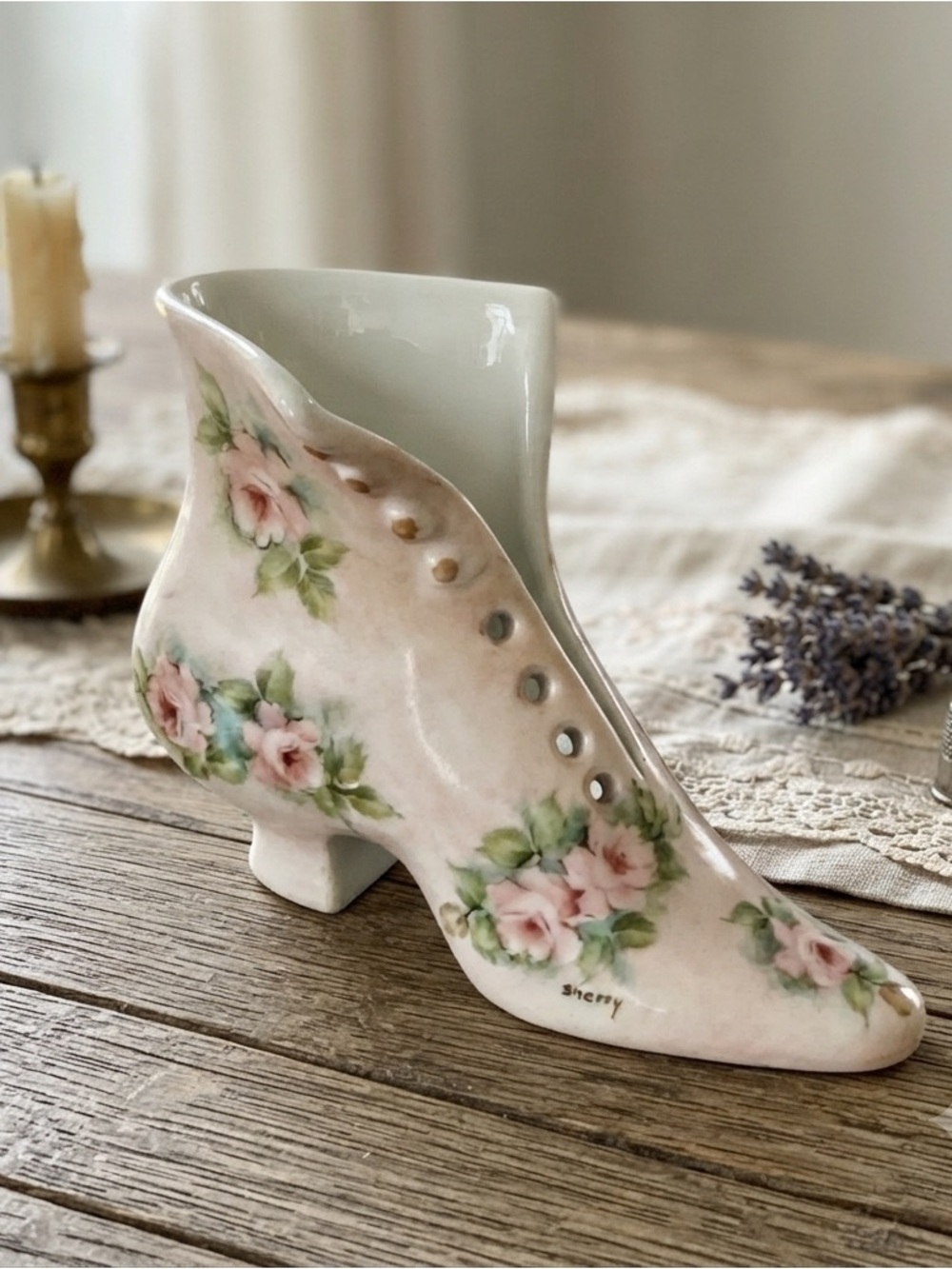 Victorian boot shoe, signed by an artist named "Sherry